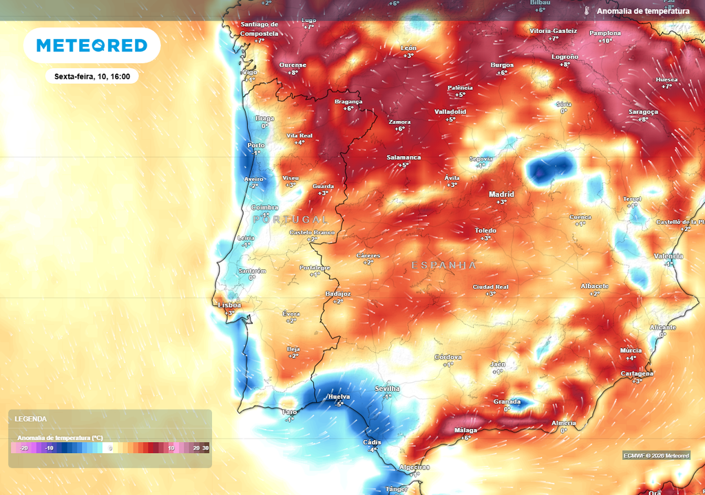 Esta sexta-feira, 10 de julho, já será bem mais notório o registo de temperaturas próximas à média climatológica de referência, sendo inclusive abaixo do normal em várias zonas costeiras ocidentais e meridionais.