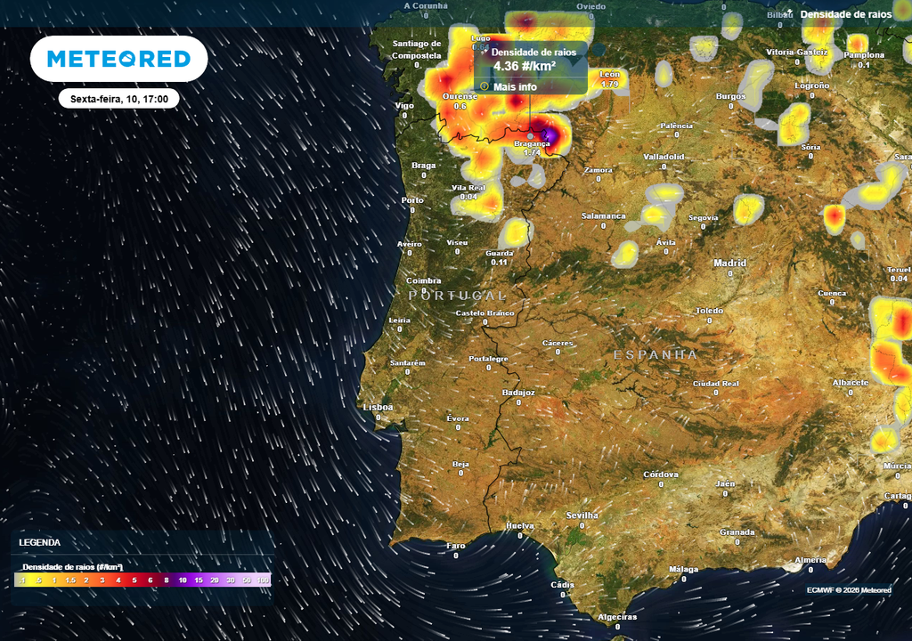 Caso a previsão se concretize, as descargas elétricas terão tendência a concentrar-se no interior Norte e Centro durante as tardes de quinta, sexta e sábado, dias 9, 10 e 11 de julho.