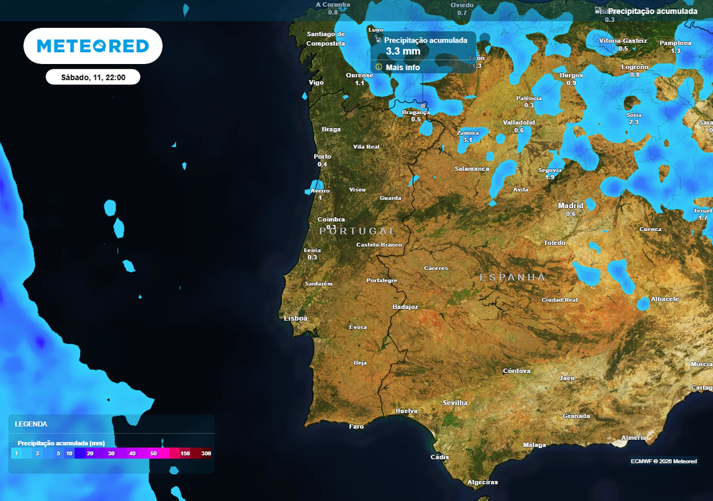 As últimas saídas do modelo Europeu quanto à distribuição geográfica da precipitação acumulada têm variado bastante, o que demonstra a elevada incerteza na previsão de aguaceiros e trovoadas, muito dependente da trajetória e posição que as perturbações isoladas em altitude acabarem por assumir.