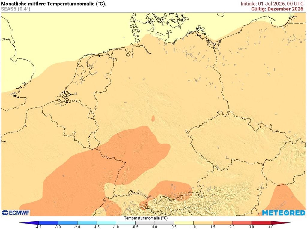Der Dezember 2026 könnte laut dem aktuellen Trend des europäischen Wettermodells ECMWF eher recht mild ausfallen als kalt.
