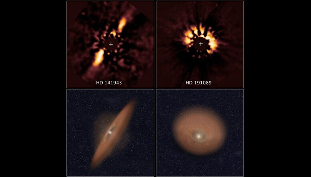 Hubble-Bilder von den jungen Sternen HD 141943 und HD 191089, um die im April 2014 Trümmerringe entdeckt wurden. Hubble-Bilder von den jungen Sternen HD 141943 und HD 191089, um die im April 2014 Trümmerringe entdeckt wurden. Bild: NASA/ESA, R. Soummer, Ann Feild (STScI)