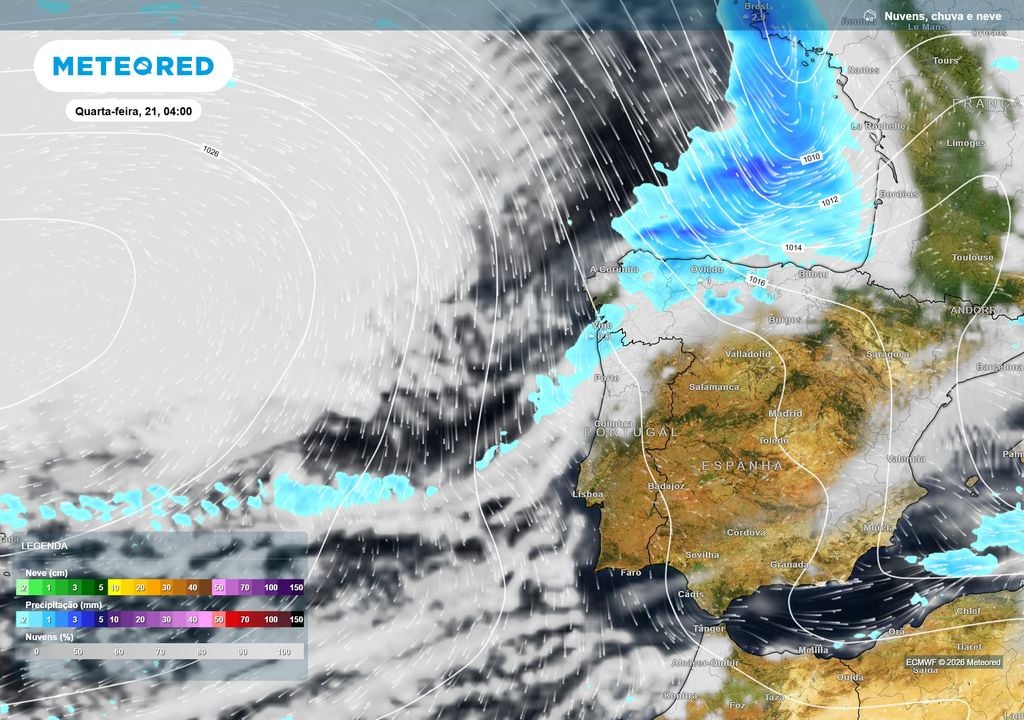 Precipitação A primeira frente atlântica deverá alcançar Portugal na madrugada de quarta-feira, trazendo chuva sobretudo ao Noroeste. Para já, os modelos não antecipam uma passagem chuvosa significativa por todo o território.