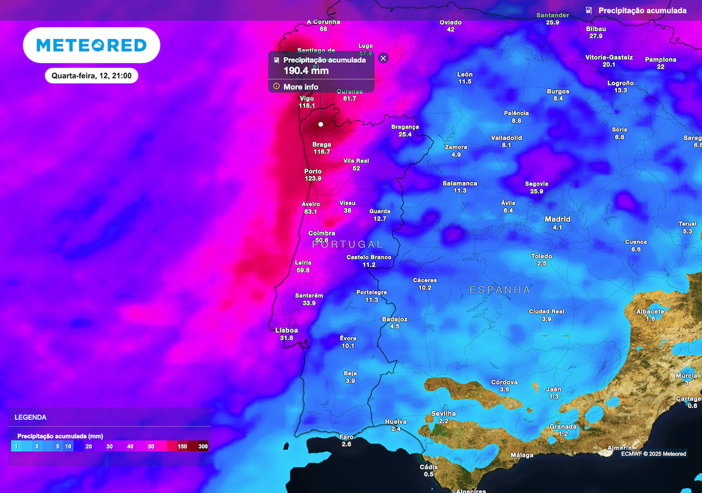 Precipitação acumulada nos 190 mm no Minho para quarta-feira. Precipitação acumulada nos 190 mm no Minho para quarta-feira.