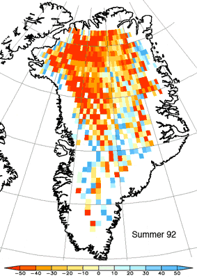 Esta animación de los resultados sobre Groenlandia muestra que los límites (línea gruesa) de la capa de hielo y del hielo principal se dividen (líneas finas). Los colores indican razón del cambio de la elevación de la capa del hielo en centímetros por año (véase la escala de color). Estos valores se derivan a partir de 11 años de los datos basados en los satélites ERS-1/ERS-2, 1992-2003, excepto algunas áreas marginales de la hielo-hoja (blancas). Ver texto para mayor detalle. Las áreas blancas entre los píxeles de color y la línea gruesa que delimitan el escudo de hielo no indican ninguna observación.Créditos: O. M. Johannessen, K. S. Khvorostovsky, M. W. Miles and L. P. Bobylev (2005). Recent ice sheet growth in the interior of Greenland. Science (En prensa).