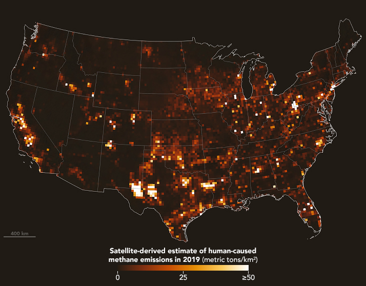 Estimación obtenida por satélite de las emisiones de metano causadas por el hombre para 2019 según escala adjunta. Nesser, et al. (2024) - NASA