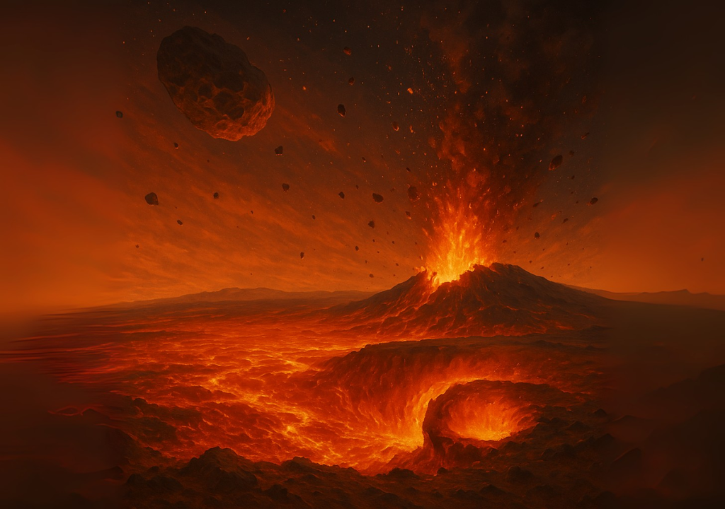 Representación artística de un antiguo impacto masivo en Marte, capaz de generar océanos de magma y alterar su interior para siempre. Representación artística de un antiguo impacto masivo en Marte, capaz de generar océanos de magma y alterar su interior para siempre.