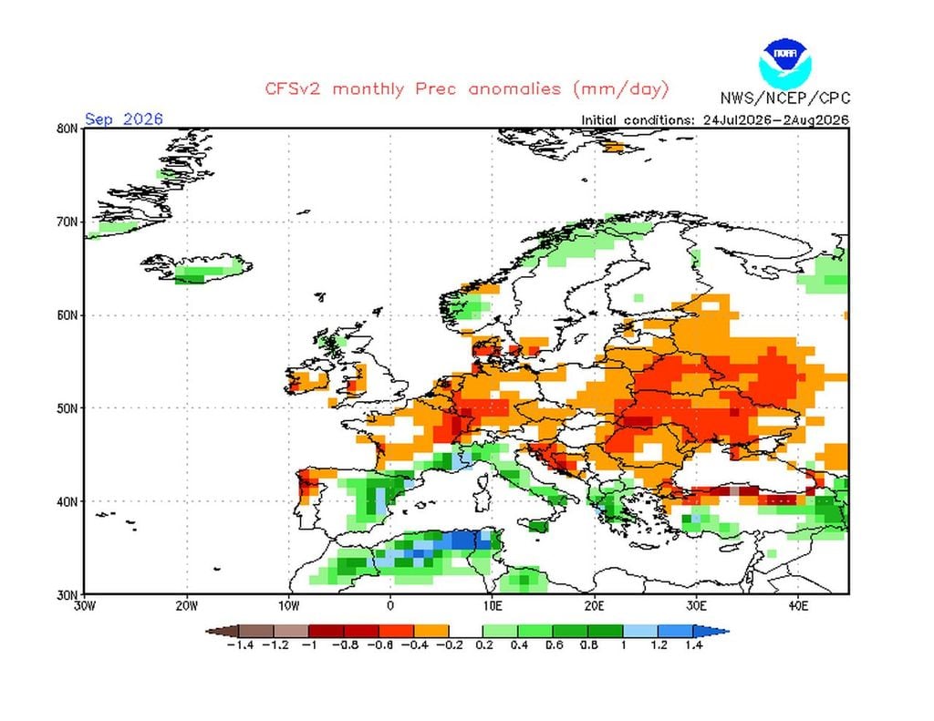 Keine Entwarnung in Sachen Trockenheit im September. Das CFS-Klimamodell der US-Wetterbehörde NOAA sieht weiterhin kaum Regen und auch im September eine große Trockenheit.
