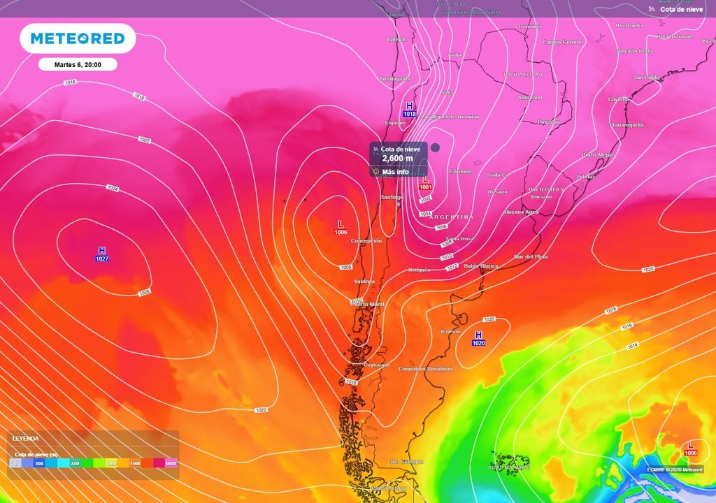 cota de nieve prevista La masa de aire se mantendrá relativamente cálida durante gran parte de la semana. Tan solo durante el fin de semana se notará un descenso de las mínimas en el centro norte y norte de Chile.