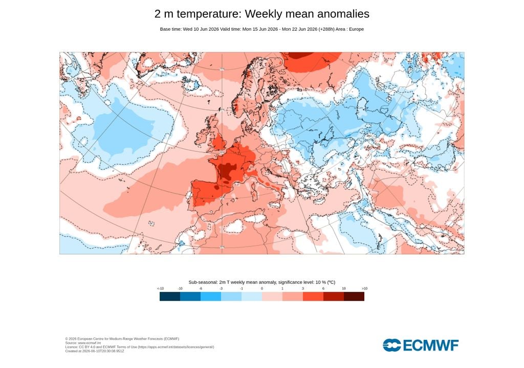 anomalia semanal; 15 a 22 de junho O calor veio para ficar, ainda que algumas zonas do país possam sentir algum alívio nos próximos dias, face aos dias atuais. Isto resulta numa permanência de anomalias térmicas positivas.