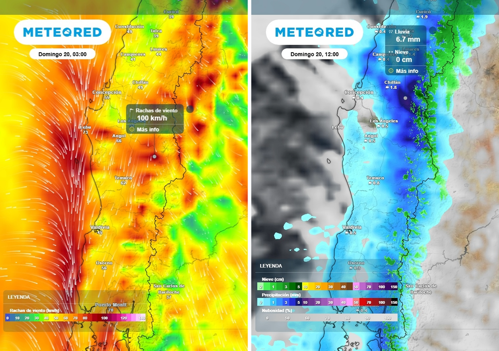 Rachas de viento (km/h) —imagen izquierda— y precipitación (mm) —imagen derecha— para el domingo 20 de septiembre en Chile centro-sur.