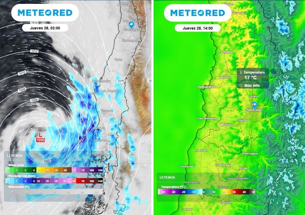 mapas de precipitación y nubes y de temperatura Este miércoles comenzará el cambio de masa de aire, algo que también será notorio durante el jueves, gracias al avance de un sistema frontal por el centro sur.