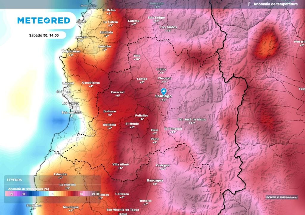 mapa de anomalía de temperatura En Santiago, se prevén temperaturas sobre lo normal durante el sábado: calorcito otoñal para el Día del Patrimonio.