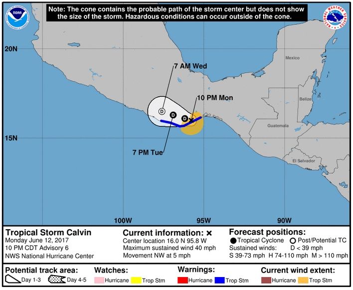 De 3-E A Calvin: La Tercera Tormenta Tropical Del Pacífico Nordeste Este Año Cono de predicción de la tormenta tropical Calvin a tres días (lunes-miércoles). Fuente: NOAA-NHC.