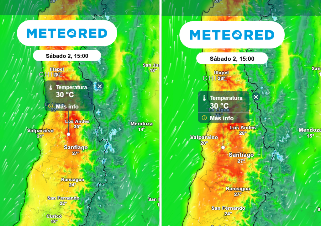 Segun datos del modelo europeo (imagen izquierda) y el norteamericano GFS (imagen derecha) las temperaturas máximas llegarán a los 30 °C en la RM este sábado.
