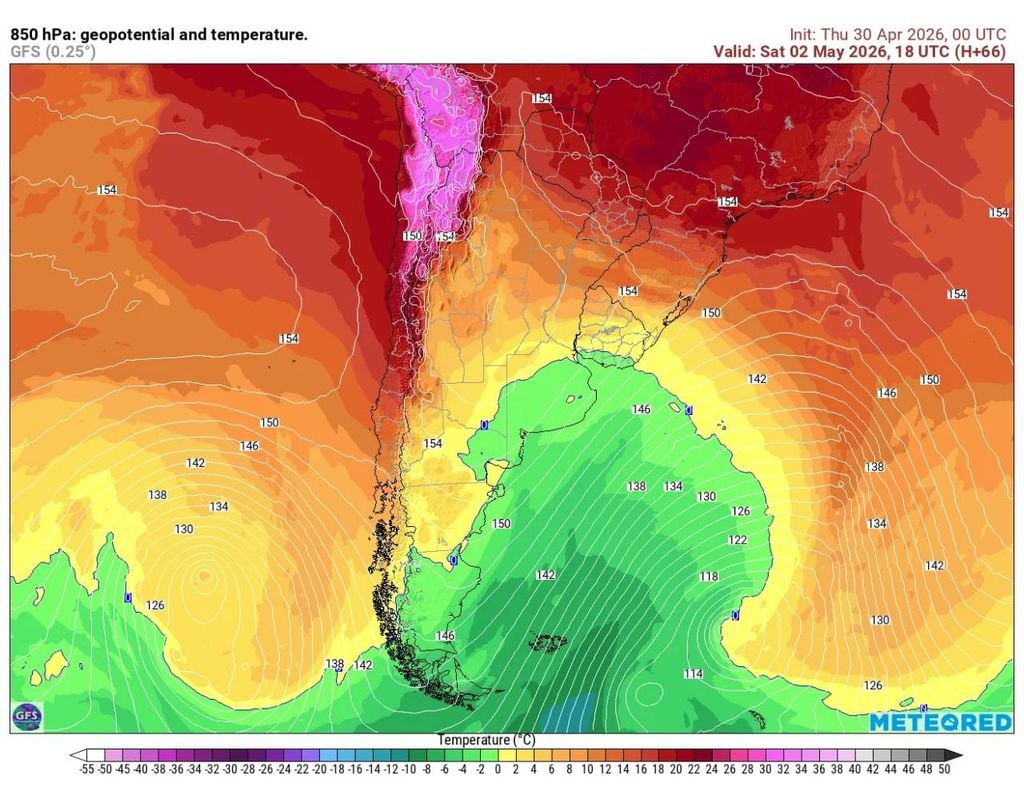 Modelo GFS muestra un fuerte ascenso térmico el sábado en gran parte del país.