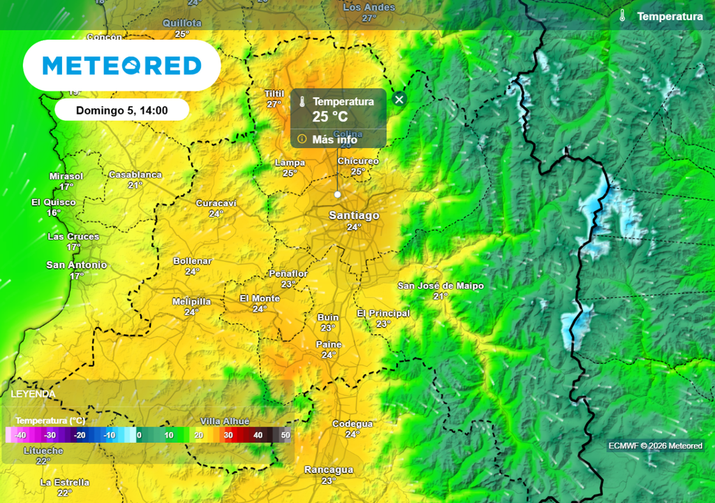 Baja importante de las temperaturas en la RM este domingo: zonas del poniente y la precordillera tendrán los valores más bajos.