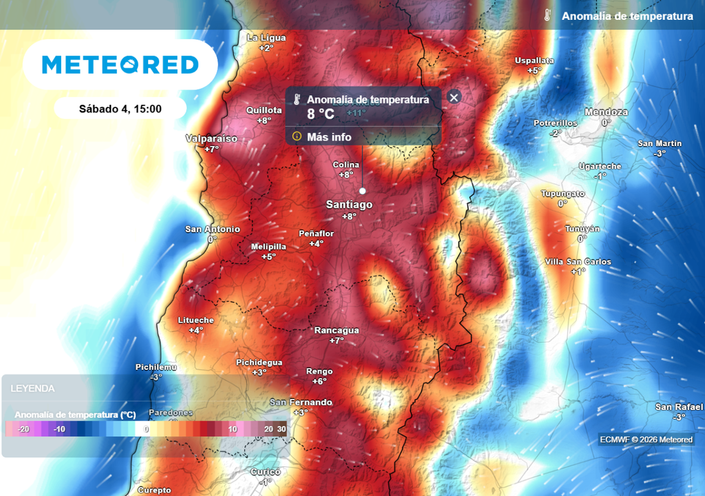 Mapas de anomalías semanales del ECMWF muestran las altas temperaturas este fin de semana en la RM.
