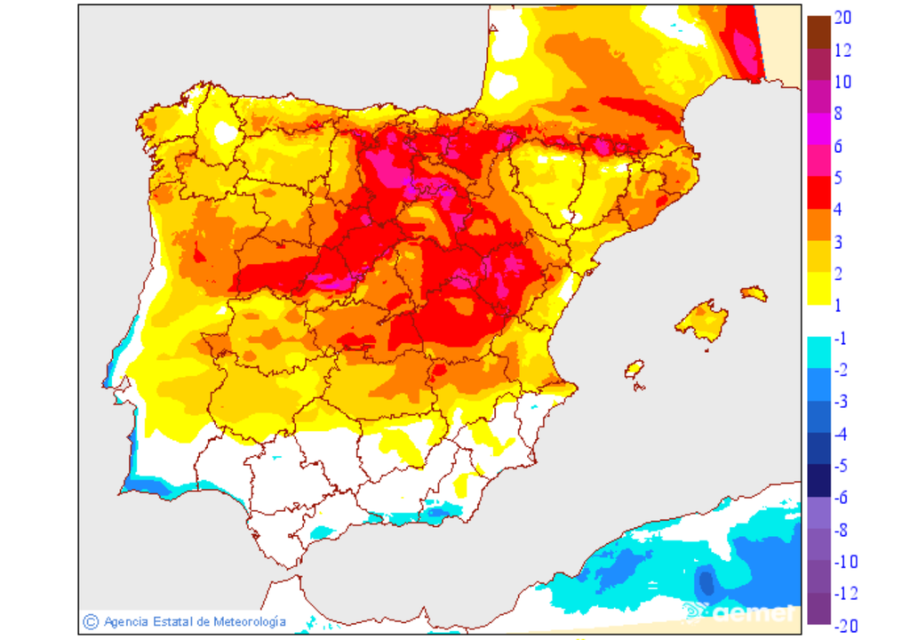 Las temperaturas subirán de forma significativa en toda la España peninsular e Islas Baleares, a excepción del sur del país. Fuente: AEMET.