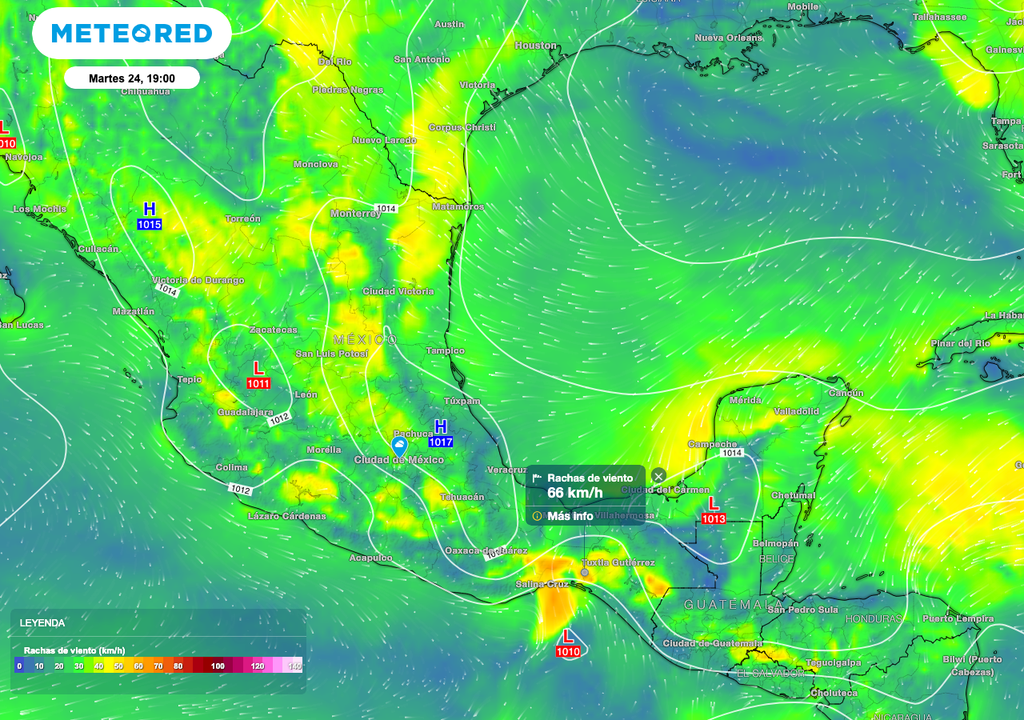Se esperan rachas de vientos de 60 a 70 km/h a lo lardo de México, siendo más significativa al Sur y en la frontera Norte.