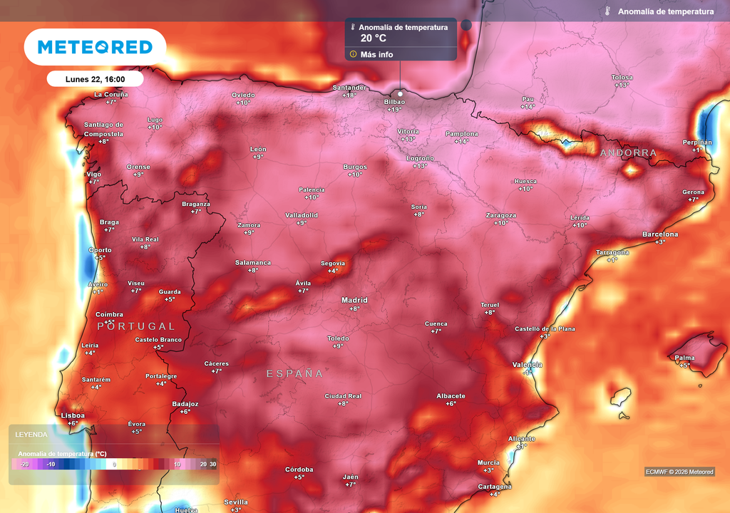El verano no comienza con el calor propio de la época, ya que se muestran anomalías de hasta 20 ºC por encima de la media habitual de la época.