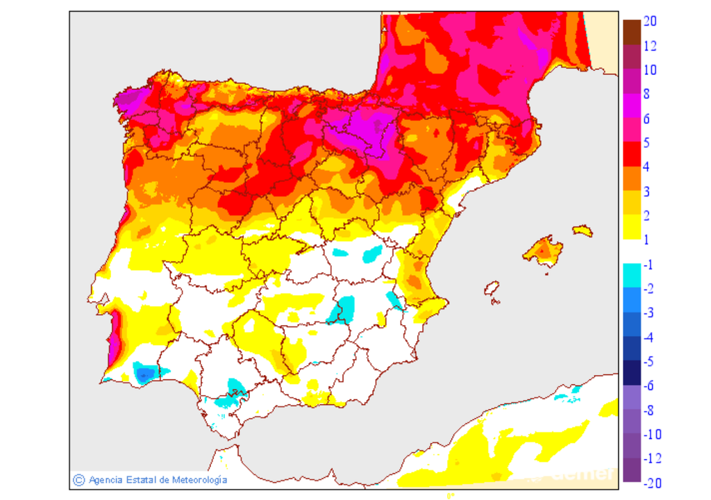 Mapa de variación de las temperaturas máximas prevista para mañana en la Península y Baleares. Fuente: AEMET.