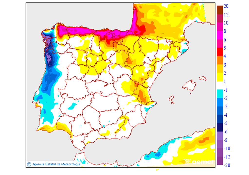 Mañana las temperaturas diurnas se dispararán en la vertiente cantábrica, mientras que bajarán bruscamente en el oeste de Galicia. Fuente: AEMET.