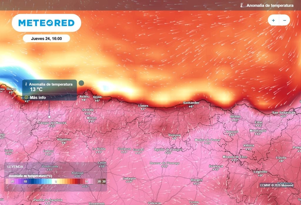 Mañana en algunas zonas las temperaturas serán de 10 a 13 ºC más altas respecto a la media de estas fechas. Hablamos de una situación excepcional.