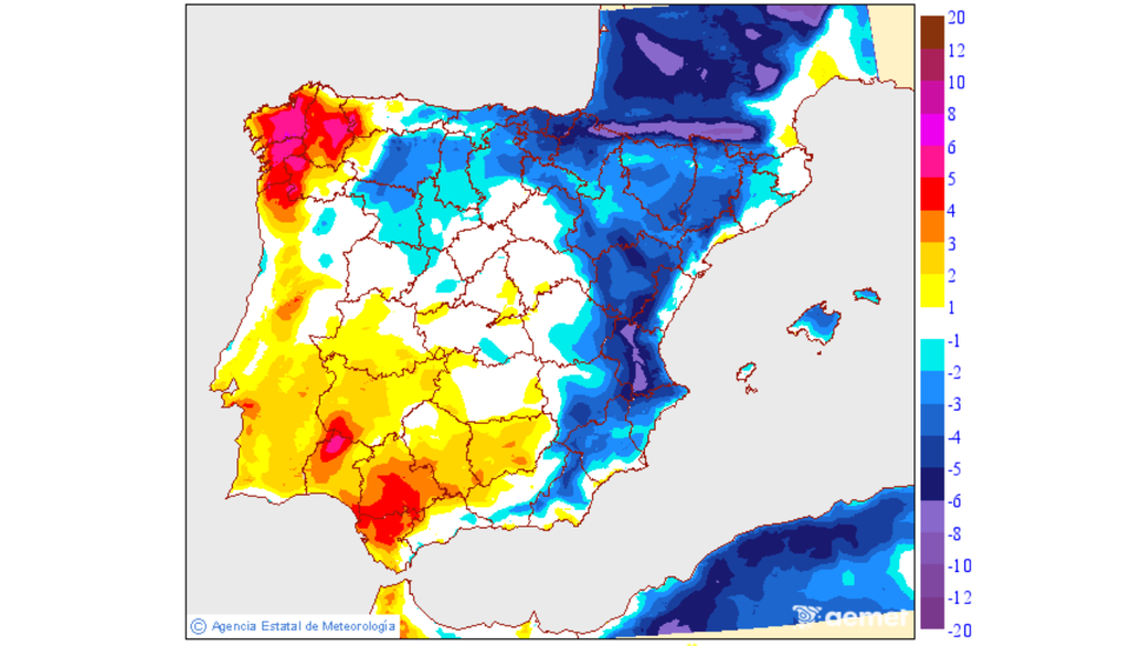 El descenso térmico será acusado en la mitad este peninsular. Fuente: AEMET.