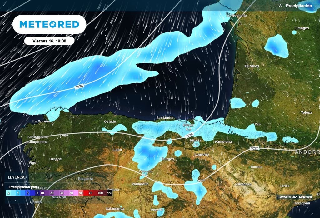 El flujo de norte dará lugar a precipitaciones débiles o localmente moderadas en el extremo septentrional.
