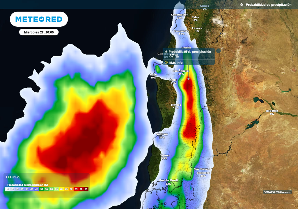 Baja segregada y sistema frontal visitarán a Chile centro-sur Probabilidad de precipitación (%) para la noche del miércoles (27) en la zona centro-sur de Chile.