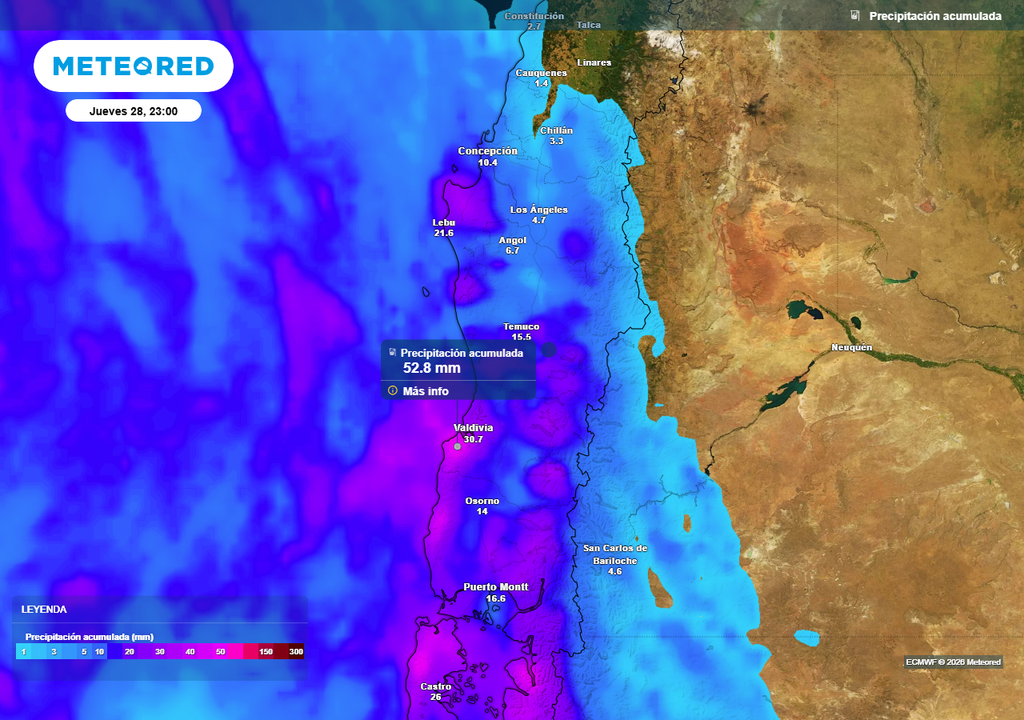 Baja segregada y sistema frontal visitarán a Chile centro-sur, Meteored Precipitación acumulada (mm) hasta la noche del jueves (28) en Chile centro-sur.