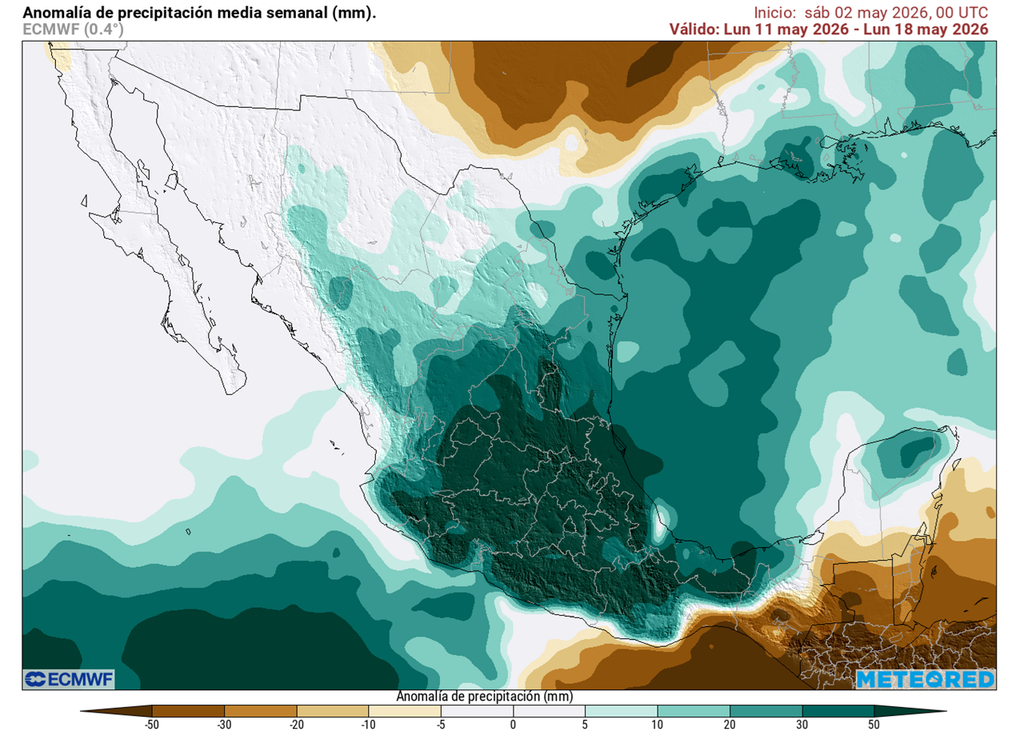 A mediados de mayo, las lluvias pueden aumentar notablemente en gran parte del país, excepto el sureste. Eventos con granizadas y posibles inundaciones se prevén...