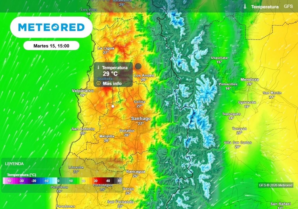 Hasta cerca de 29 °C en la Región Metropolitana indica el modelo norteamericano GFS el martes 15.