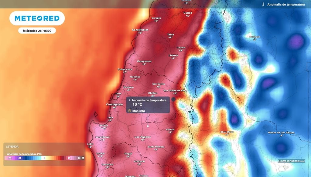 anomalía de temperatura Este miércoles se perfila como la jornada más cálida de la semana, con anomalías de temperatura de hasta +10 °C.