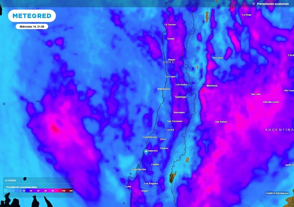lluvias acumuladas previstas Son esperadas precipitaciones anormalmente altas para la época en sectores del Coquimbo y de la zona central en el comienzo de semana.