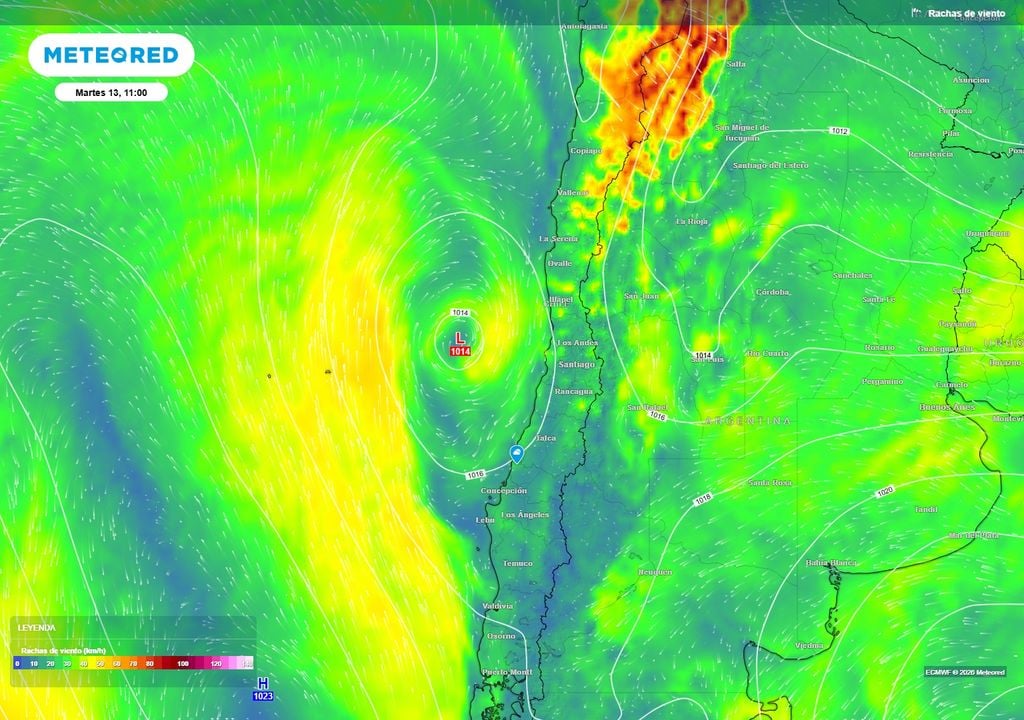 viento previsto El viento soplará con intensidades que alcanzarán los 50 km/h en el litoral central. La baja presión hará avanzar las tormentas de dirección noroeste a sureste.