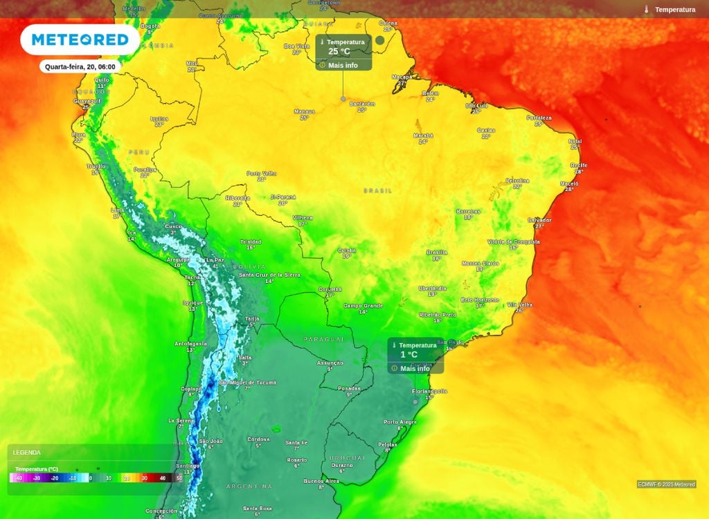 Mapa de temperatura mínima. Contrate térmico superior a 20°C entre o Norte e Sul do Brasil na manhã desta quarta-feira (20).