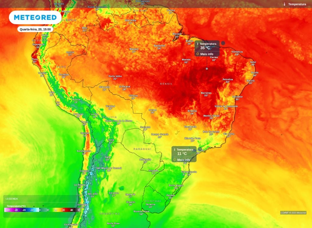 Mapa de temperatura máxima. Previsão da temperatura máxima para a tarde desta quarta-feira (20) no Brasil.