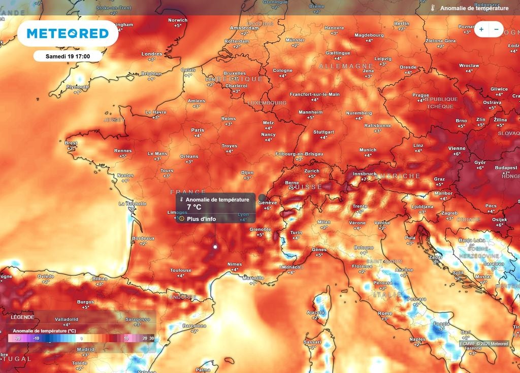 Anomalie de températures samedi après-midi Ce samedi, les températures maximales seront souvent 3 à 7°C au-dessus des normales de saison dans l'après-midi.