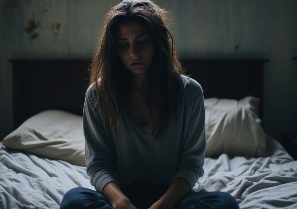 Mujer con depresión sentada en la cama habitación oscura Mujer con depresión sentada en la cama habitación oscura