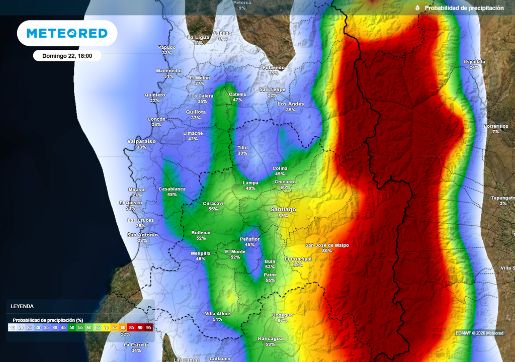 La mayor probabilidad de precipitaciones estará hacia sectores altos de la Región Metropolitana, según el modelo del ECMWF.