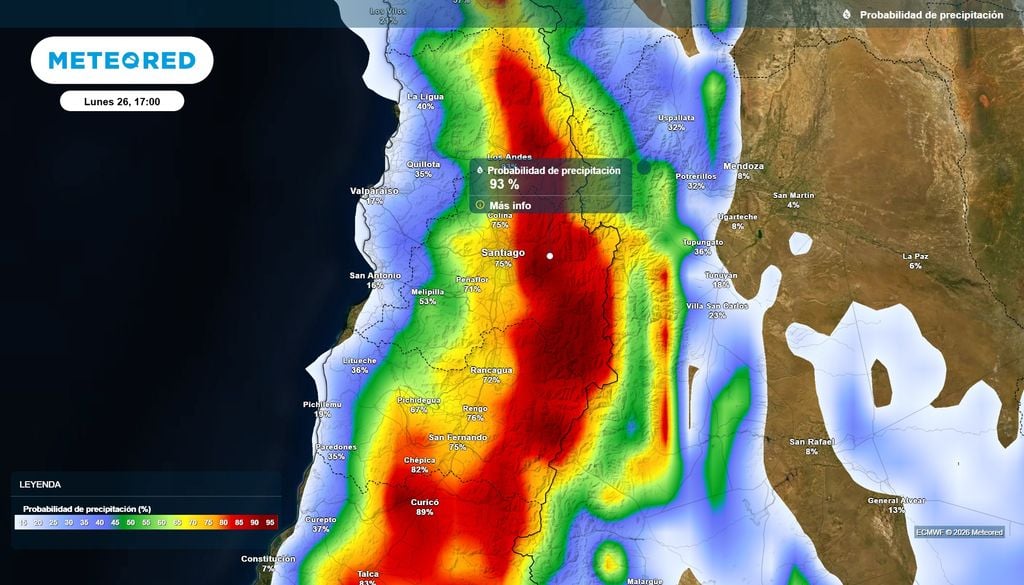 probabilidad de preciptaciones Este lunes se esperan precipitaciones hacia la tarde, con una mayor probabilidad en cotas altas.