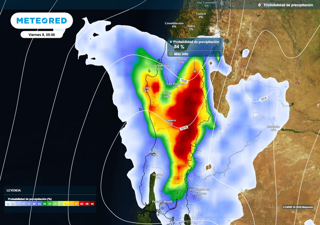 Probabilidad de precipitación (%) para la madrugada del viernes (08) en Chile centro-sur.