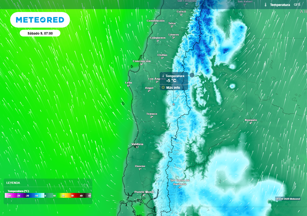 Temperatura mínima (°C) para el sábado (09) en Chile centro-sur.