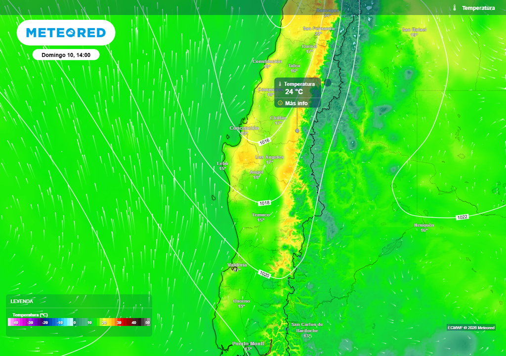 Temperatura máxima (°C) para el domingo (10) en la zona centro-sur de Chile.