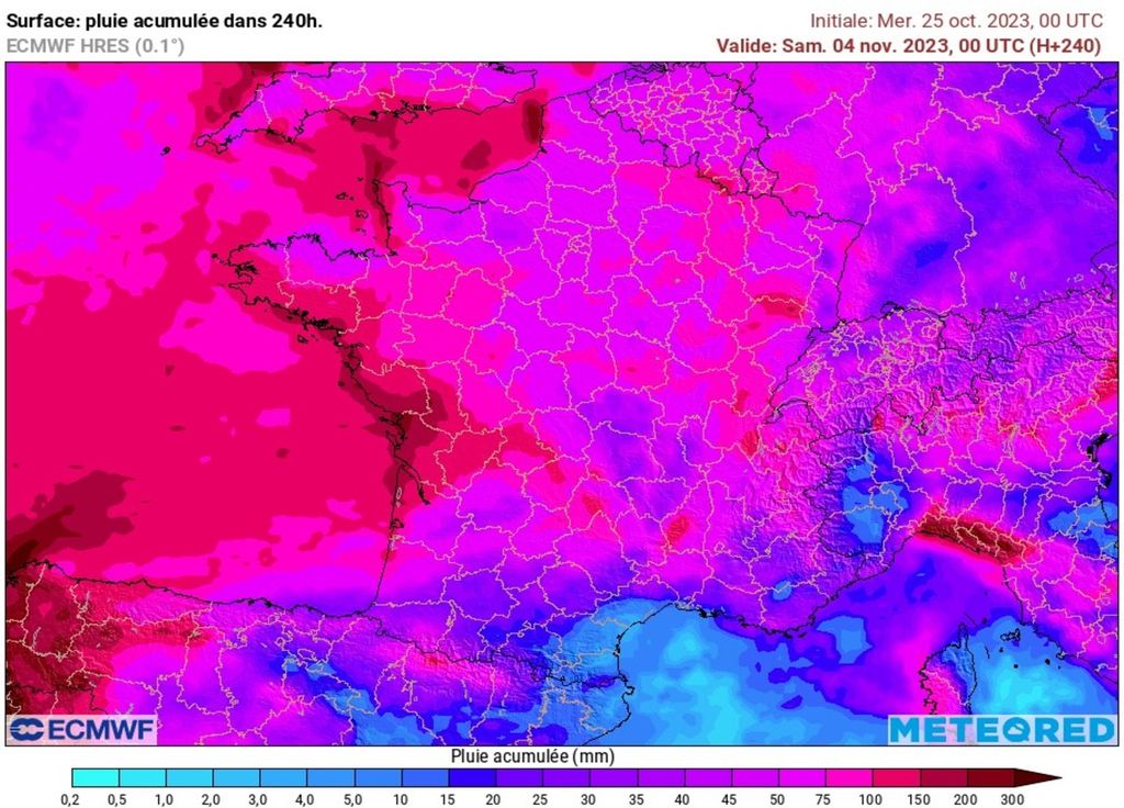 Modèle ECMWF accumulation pluies jusqu'au 4 novembre