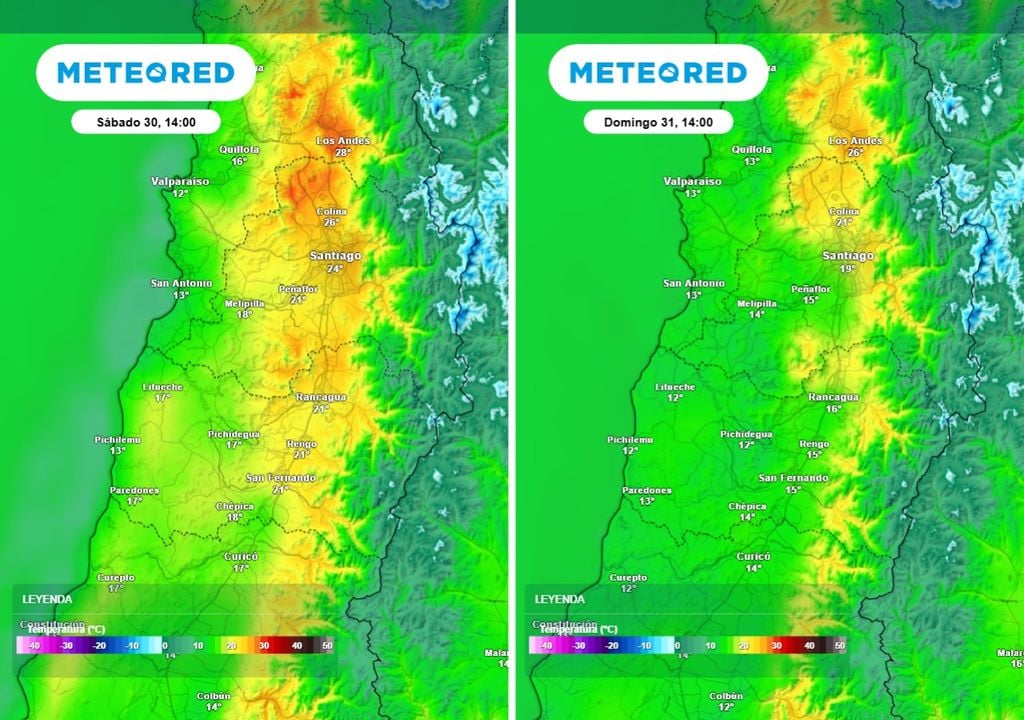 Mapa comparativo que muestra el enfriamiento en la zona centro-norte para este domingo. El debilitamiento de la dorsal en altura abrirá paso al aire fresco.