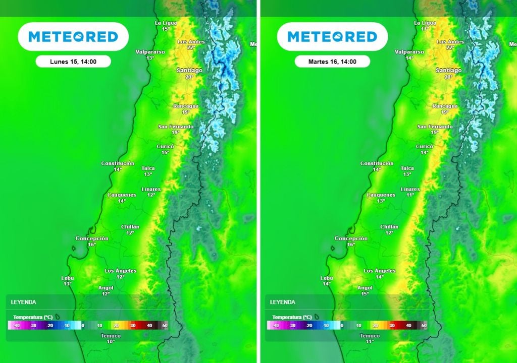 El mapa de máximas para lunes y martes muestra el potente dominio del anticiclón en el interior de la zona central, empujando los termómetros hasta los 24 °C en algunos sectores.