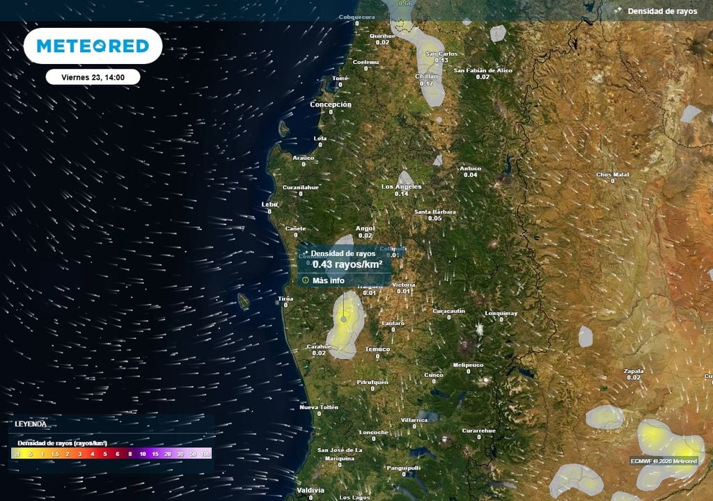 Temperaturas de 25 °C para este fin de semana en Chile centro-sur Densidad de rayos (#/km2) para la tarde del viernes (22) en las regiones de Ñuble, Biobío y La Araucanía.