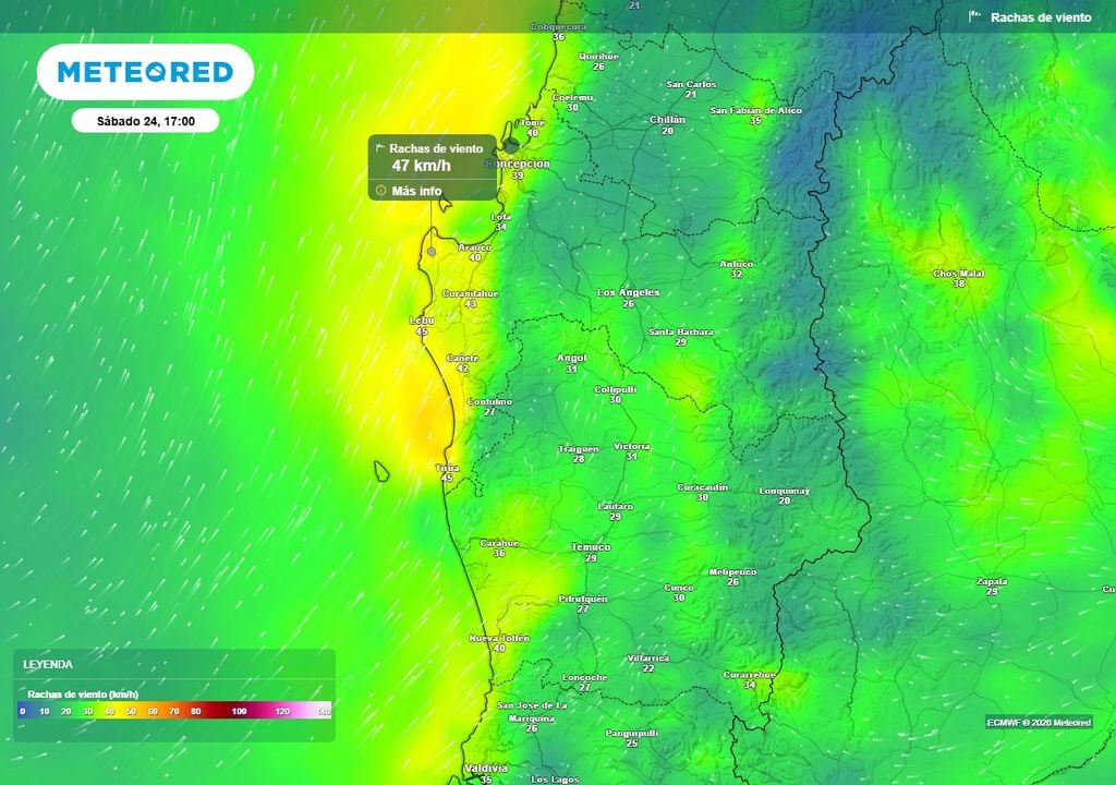Temperaturas de 25 °C para este fin de semana en Chile centro-sur Rachas de viento (km/h) para la tarde del sábado (24) en Chile centro-sur.